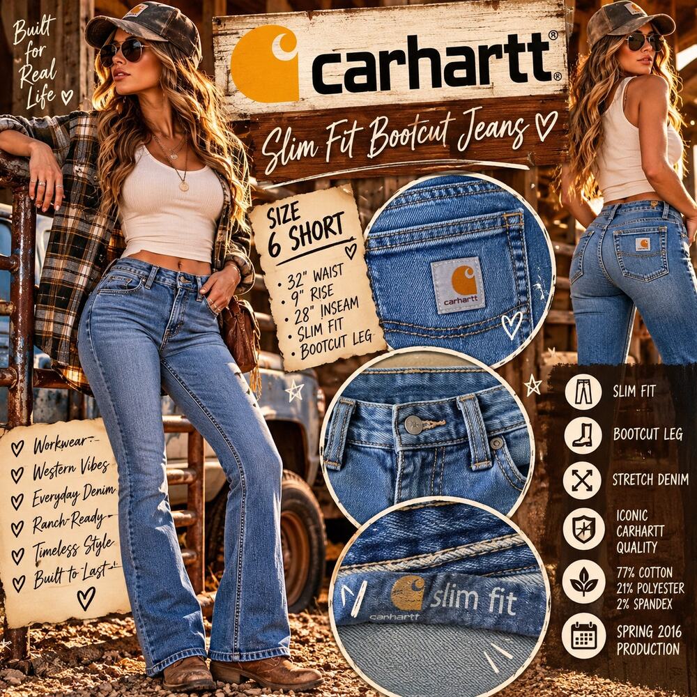 Carhartt Womens Jeans 6 Short Slim Fit Bootcut Stretch Denim Spring 2016 Y2K